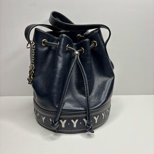 Yves Saint Laurent Navy Blue Bucket Shoulder Bag with Logo Trim